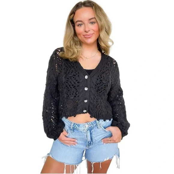 POL Sena Oversized Crochet Cardigan in Black Only - Picture 2 of 4